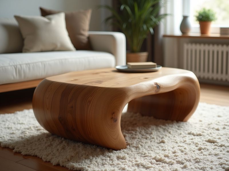 Organic solid wood coffee table in minimalist Japandi style living room